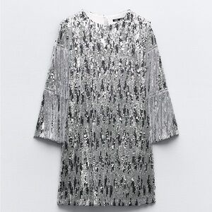 Silver Fringe Sequin Long Sleeve Mini Shift Dress